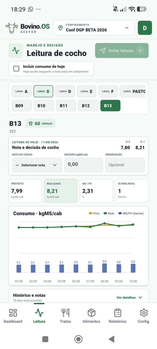 Tela móvel de leitura de cocho do Bovino.OS em um celular