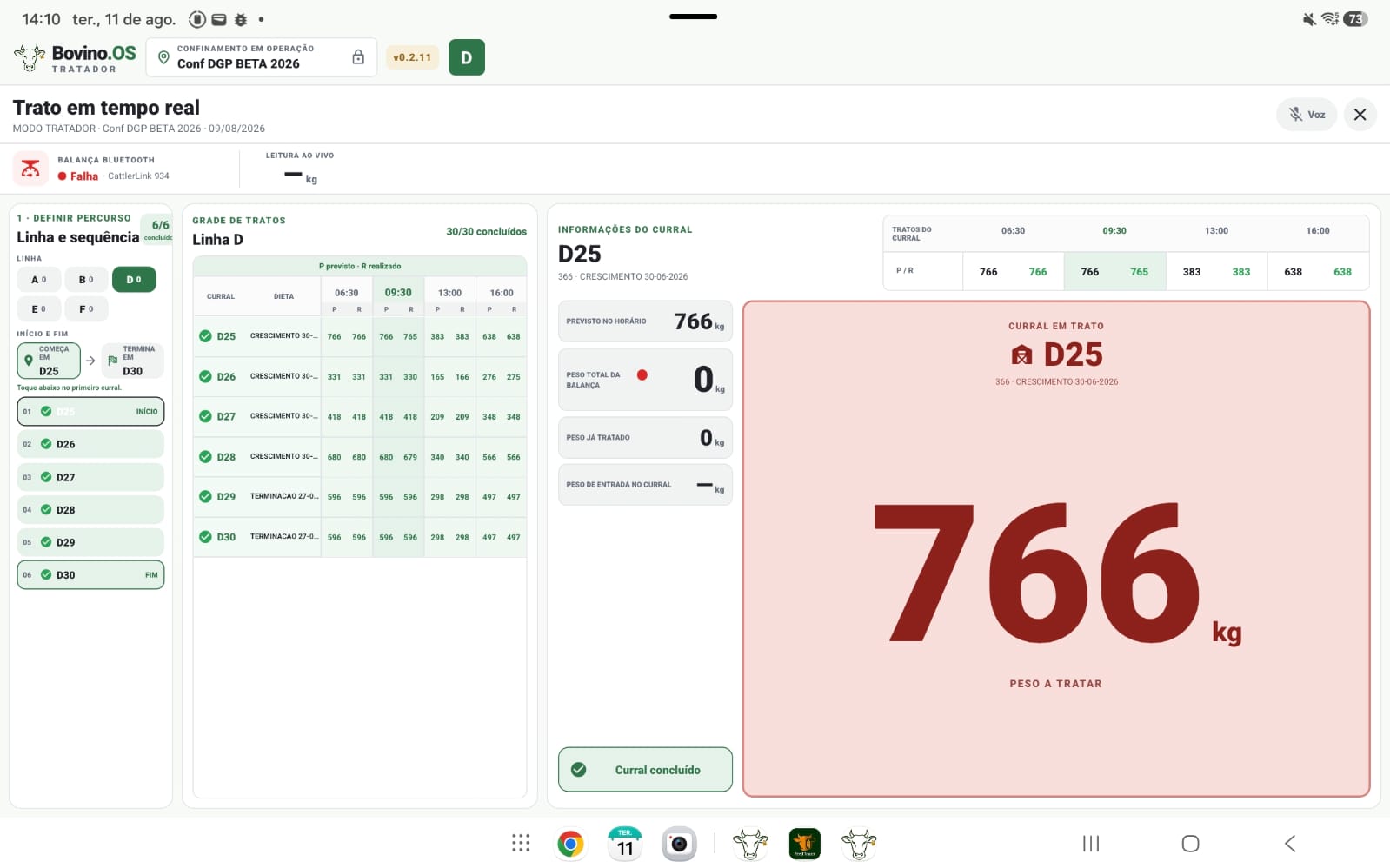 Tela Trato em tempo real do Bovino.OS Trator em tablet, mostrando a sequência de currais da linha D, grade de tratos com previsto e realizado por horário e o peso a tratar do curral D25.